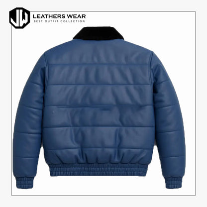 Mens Blue Leather Puffer Jacket