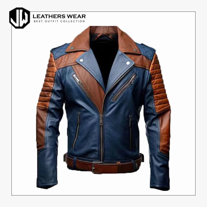 Mens Blue and Brown Leather Jacket