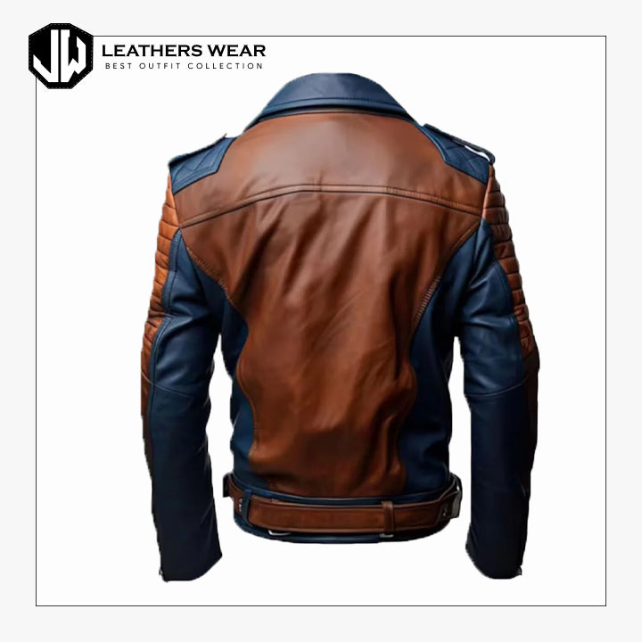 Mens Blue and Brown Leather Jacket