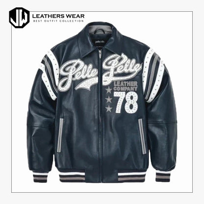 Mens Bomber Encrusted Varsity Plush Navy Jacket