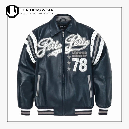 Mens Bomber Encrusted Varsity Plush Navy Jacket