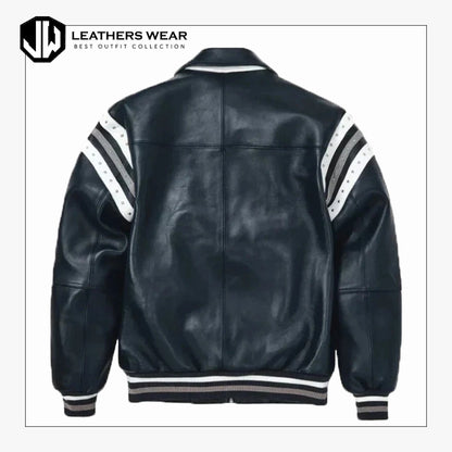 Mens Bomber Encrusted Varsity Plush Navy Jacket