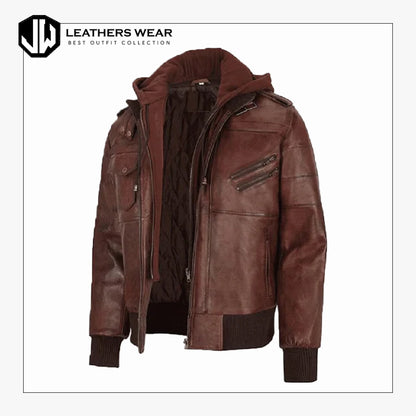 MensBrownHoodedBomberLeatherJacket