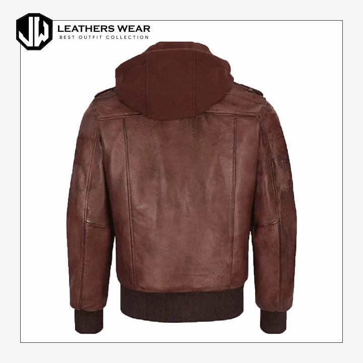 MensBrownHoodedBomberLeatherJacket1