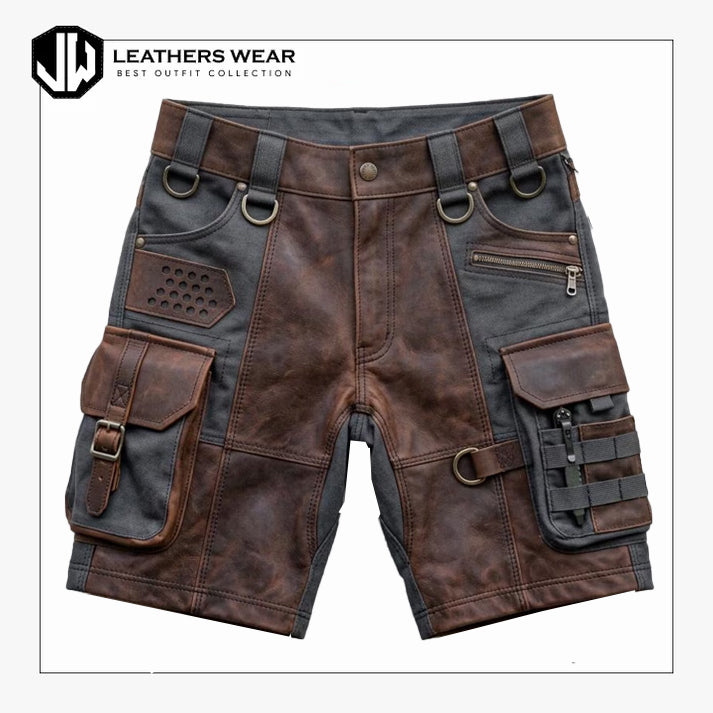 Mens Brown Leather Tactical Cargo Shorts