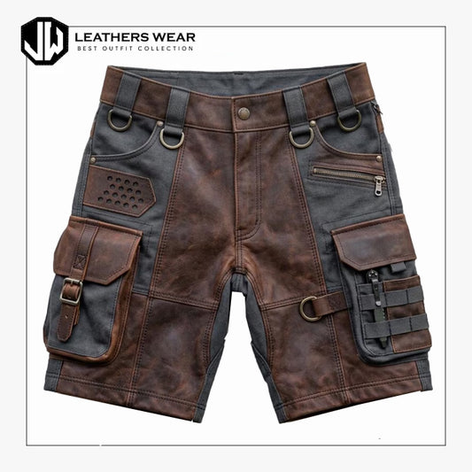 Mens Brown Leather Tactical Cargo Shorts