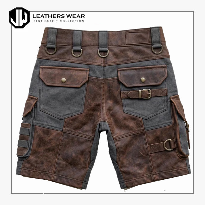 Mens Brown Leather Tactical Cargo Shorts