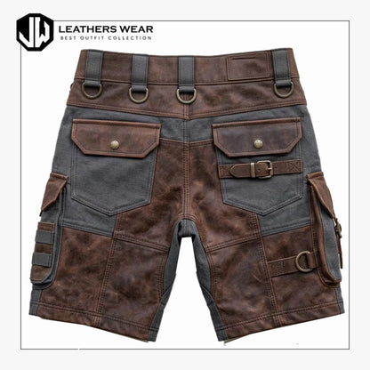 Mens Brown Leather Tactical Cargo Shorts