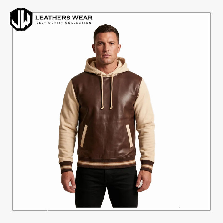 Mens Brown Leather Varsity Hoodie Jacket