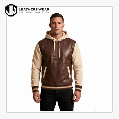 Mens Brown Leather Varsity Hoodie Jacket
