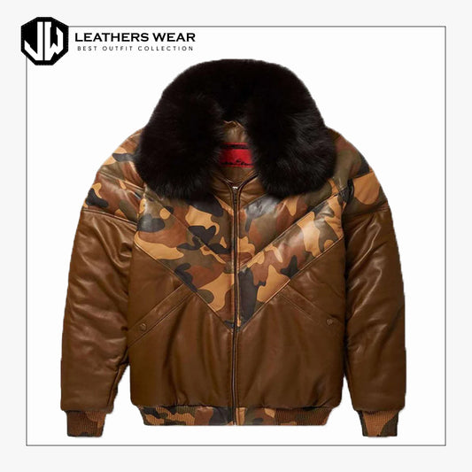 Mens Brown V-Bomber Leather Jacket