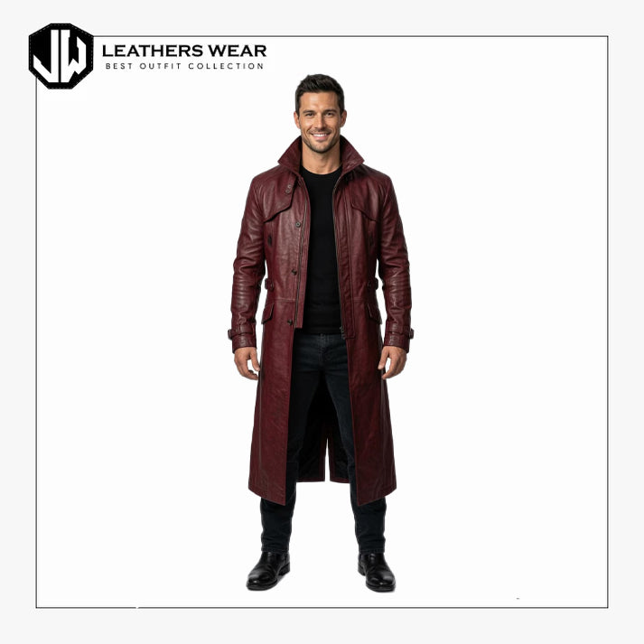 Mens Burgundy Leather Trench Coat