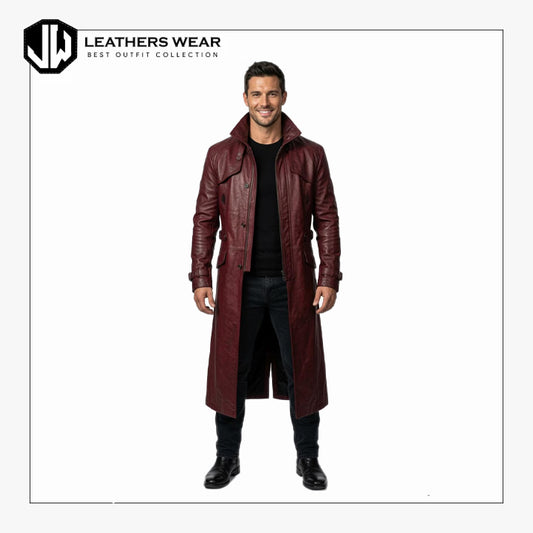 Mens Burgundy Leather Trench Coat