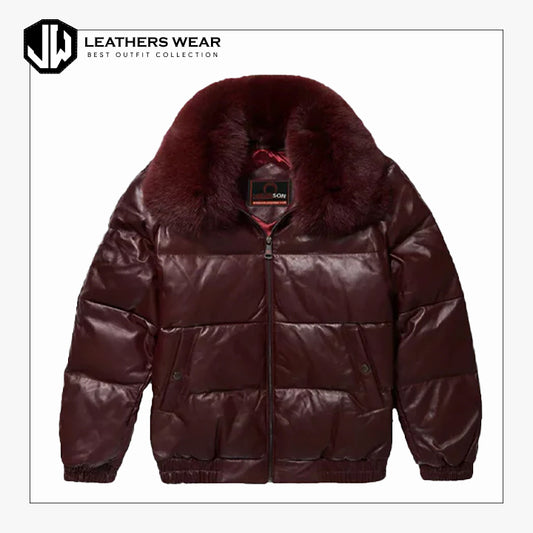 Mens Burgundy Leather V-Bomber Jacket