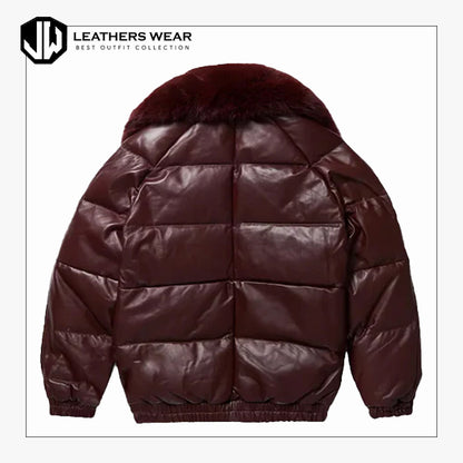 Mens Burgundy Leather V-Bomber Jacket