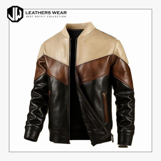 Mens Color Block Leather Jacket