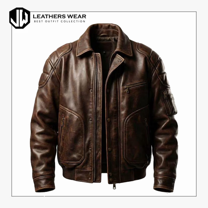 Mens Distressed Leather Aviator Jacket