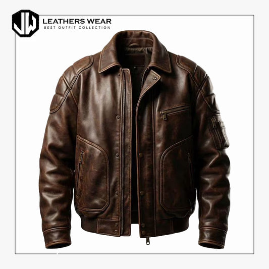 Mens Distressed Leather Aviator Jacket