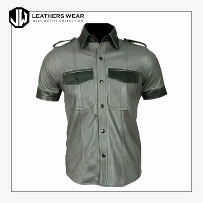 Mens Gray Leather Half Shirt