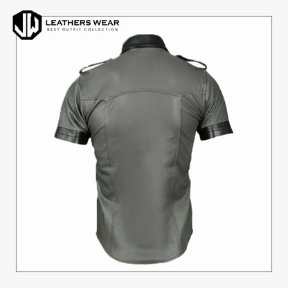 Mens Gray Leather Half Shirt