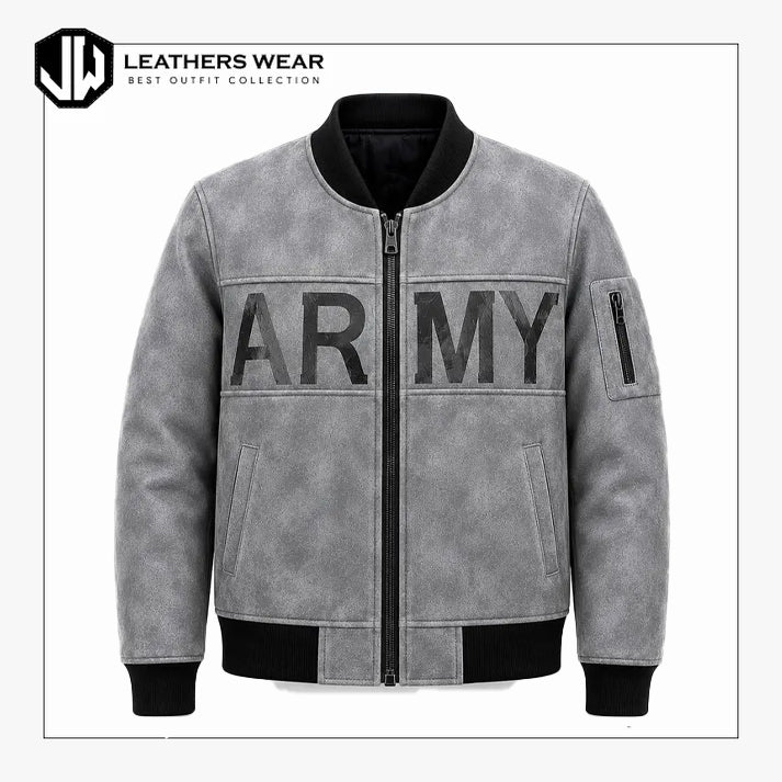 Mens Grey Suede-Look Bomber Jacket