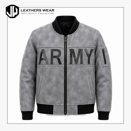 Mens Grey Suede-Look Bomber Jacket