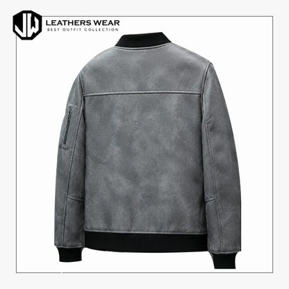 Mens Grey Suede-Look Bomber Jacket