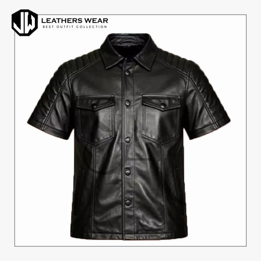 Mens Half Sleeves Black Leather Shirt