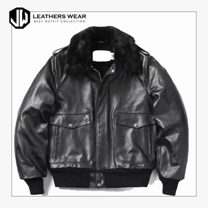 Mens Leather Bomber Jacket with Collar