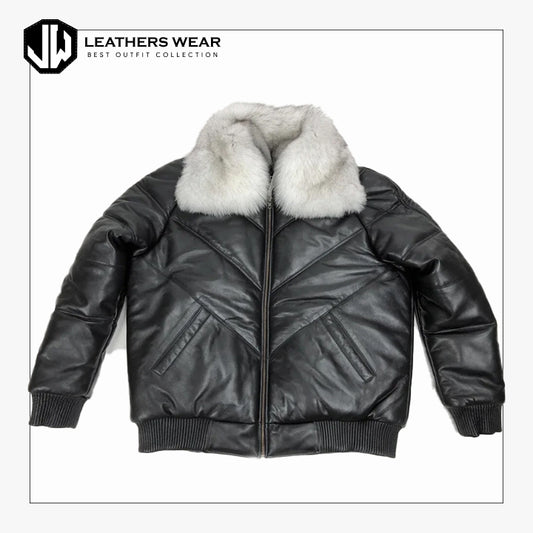 Mens Leather V Bomber Jacket with Fox Fur