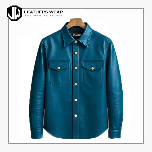 Mens Luxury Blue Leather Shirt