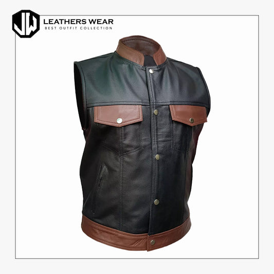 Mens Pure Black and Brown Leather Vest