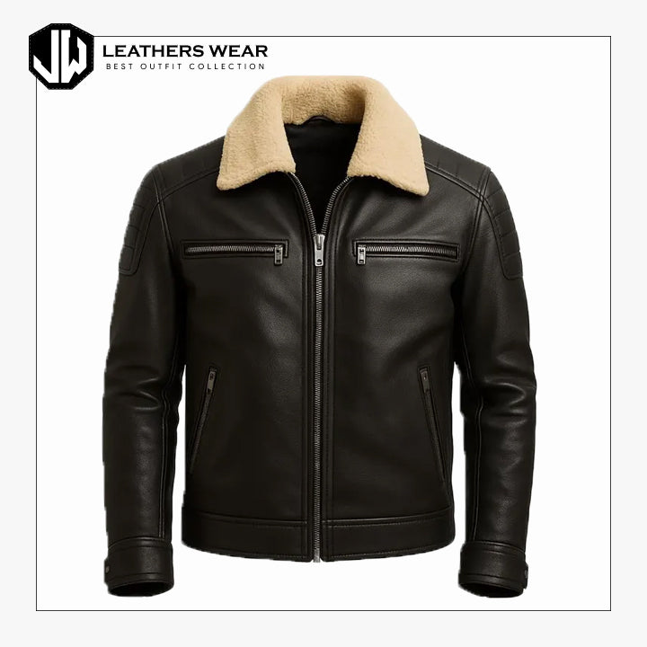 Mens Real Leather Shearling Collar Jacket