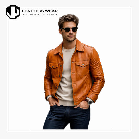 Mens Real Sheep Leather Trucker Jacket