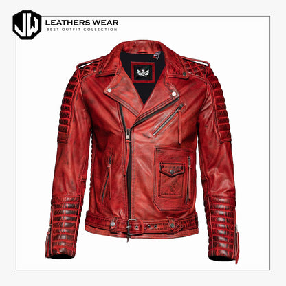 Mens Red Leather Biker Jacket