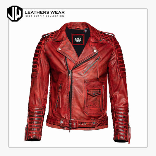 Mens Red Leather Biker Jacket