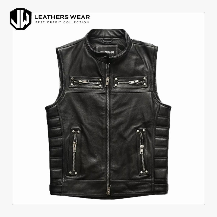 Mens Ribbed 100% Genuine Leather Biker Vest