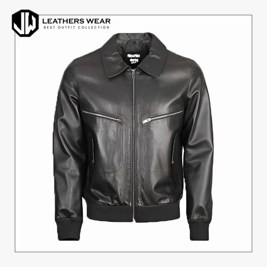 Mens Sheep Black Bomber Leather Jacket