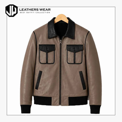 Mens Two Tone Leather Bomber Jacket