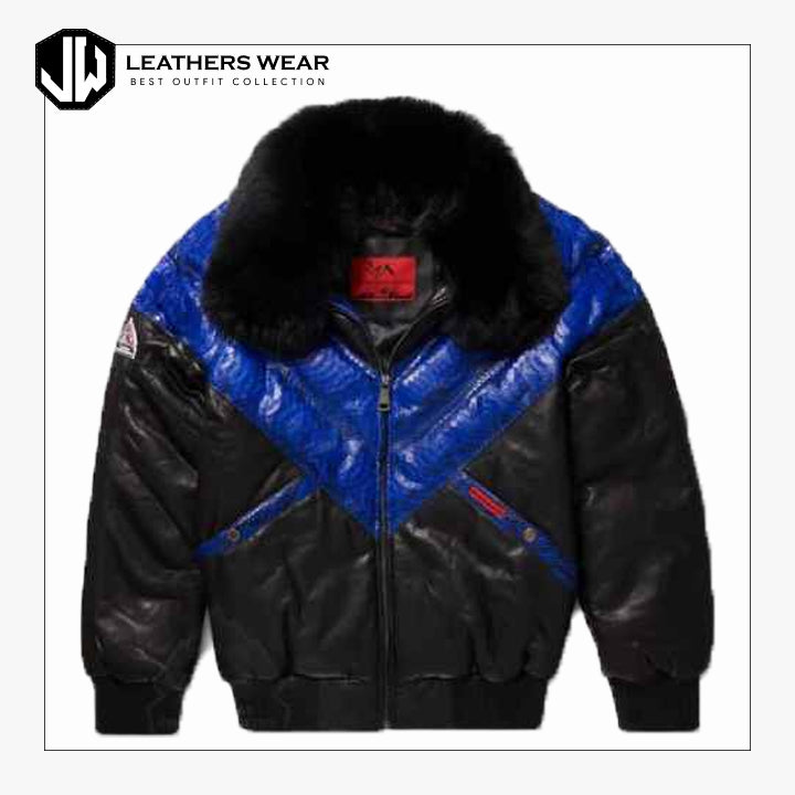 Mens V Bomber Blue Python Skin Leather Jacket