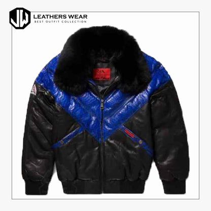 Mens V Bomber Blue Python Skin Leather Jacket