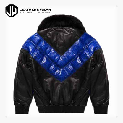 Mens V Bomber Blue Python Skin Leather Jacket