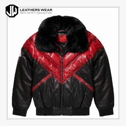 Mens V Bomber Red Leather Jacket