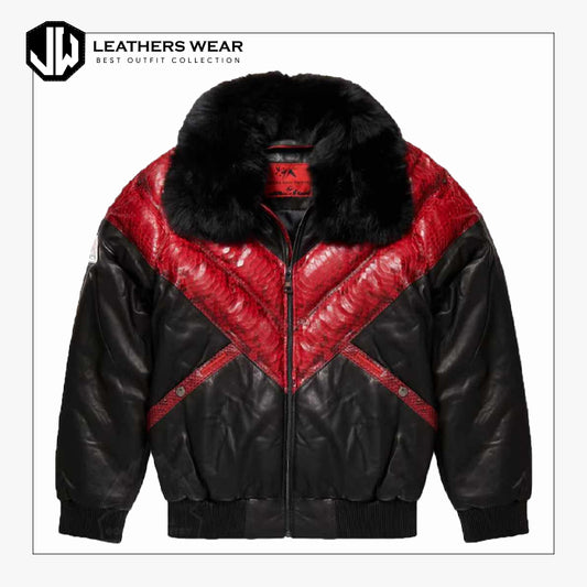 Mens V Bomber Red Leather Jacket