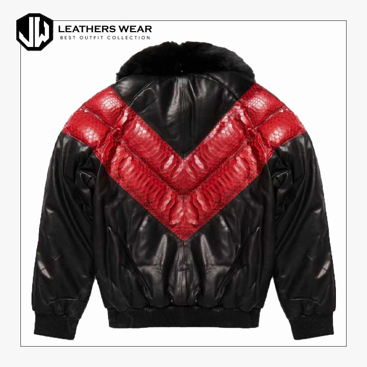 Mens V Bomber Red Leather Jacket