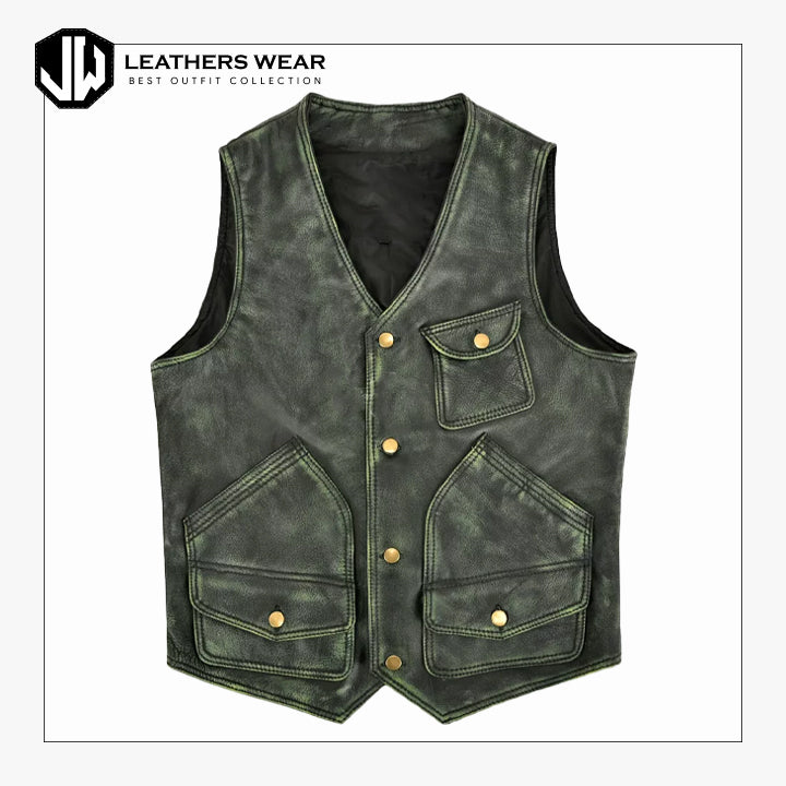 Mens Vintage Leather Vest Green