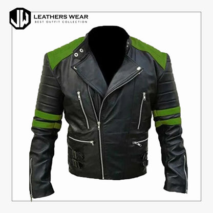 MensVintagebikerGreenLeatherJacket