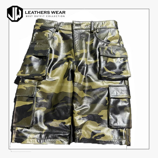 Mens camo leather cargo shorts