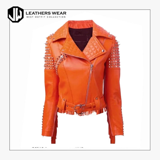 Orange Fringes Studded Leather Jacket