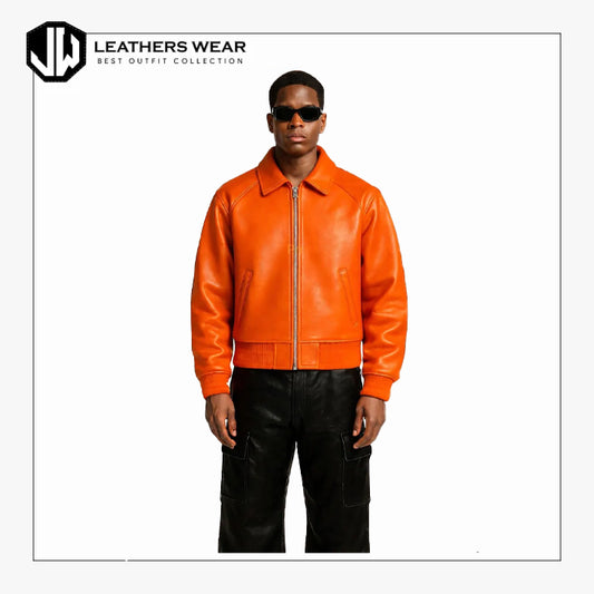 Orange Real Leather Jacket Bomber Style